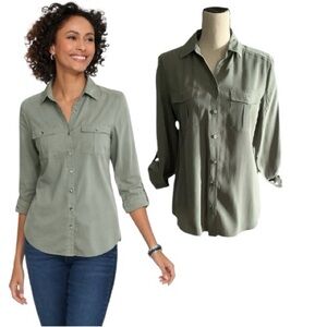 Sage Green Button-Front Utility Shirt